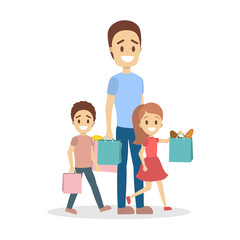 Father and daughter going with bags full of food