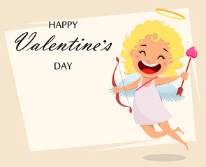 Cupid holds love bow and arrow