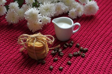 Coffee beans with milk, pile of delicious chip cookies tied with twine and white flowers on a red knitted background. Good morning concept. Enjoy slow life
