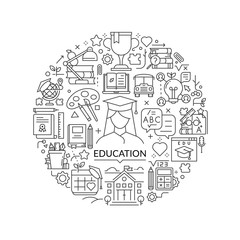 Education concept in thin flat illustration. Education line icons in round shape isolated vector illustration. Round design element with education icons - Vector