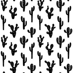 Hand drawn cute kids abstract seamless pattern with cactus. Rustic, boho simple black and white background. Cartoon illustration