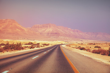 Fototapeta na wymiar Driving a car in the desert in the early morning