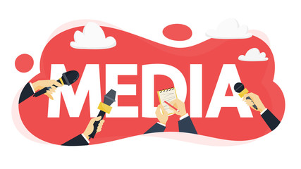 Media concept. Press with microphone take interview