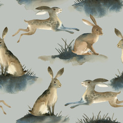 Illustration à l& 39 aquarelle de lièvre sauvage brun sur fond blanc. Motif de coutures sur le lapin sur le pré