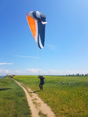 Adult paraglider wants to start near cliff along baltic sea coastline and green meadow wheat field...