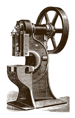 Antique pressing, blanking, stamping and punching machine, after an engraving or etching from the 19th century