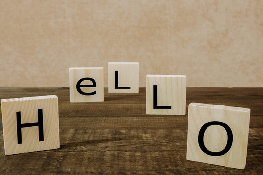 the word "hello" made of wooden cubes