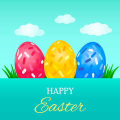 Bright greeting card with an inscription Happy Easter. Set of Easter eggs with an ornament against the sky with clouds and green grass.