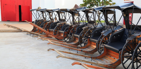 Transportation, Asian Thai Traditional man drawn vintage carriages or pulled rickshaws (ricksha,...