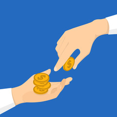 Hand giving money coin to another hand