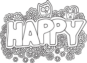 Cute Happy Flowers Coloring Page Vector Illustration Art