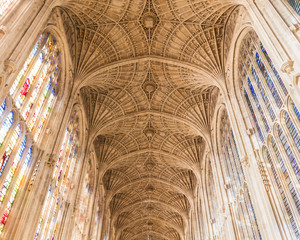 Ceilings and arch windows of Kings College Chapel, Cambridge University, UK, 07, January, 2019.