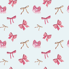 Watercolor seamless pattern for Valentine's day with pink and golden bows