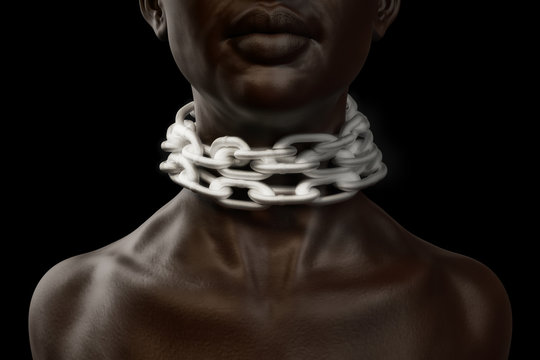 Female afro american slave with heavy shiny chain around her neck
