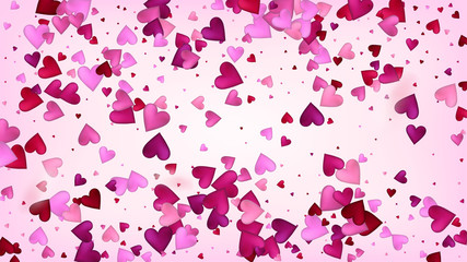 Falling Hearts Vector Confetti. Valentines Day Tender Pattern. Beautiful Pink Scatter Valentines Day Decoration with Falling Down Hearts Confetti. Modern Gift, Birthday Card, Poster Background