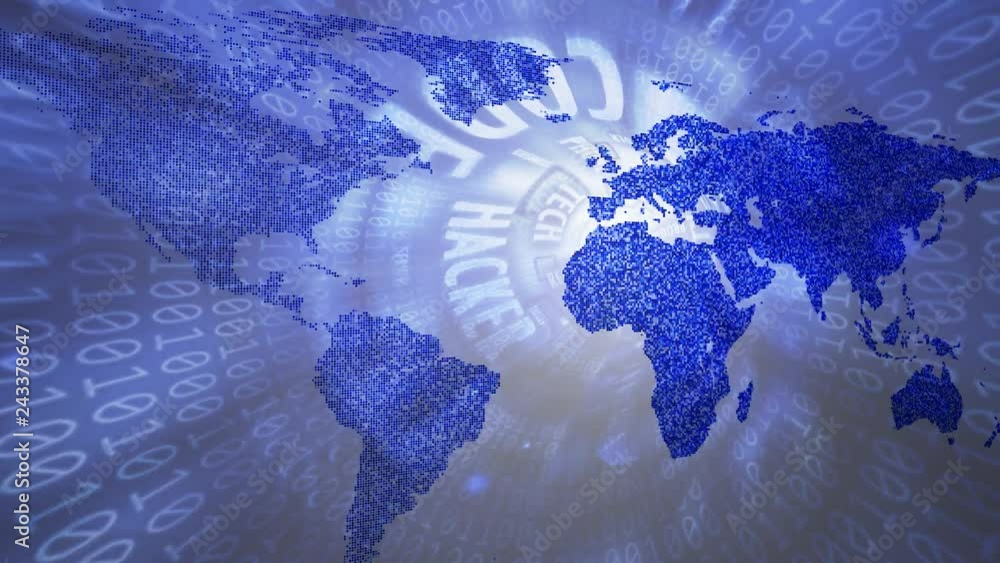 Poster artistic tunnel motion with world map motion background. digital technology concept.