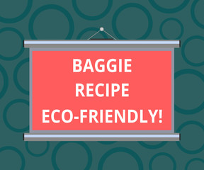 Writing note showing Baggie Recipe Eco Friendly. Business photo showcasing shopping bag which can be reused analysisy times Portable Wall Projection Screen for Conference Presentation