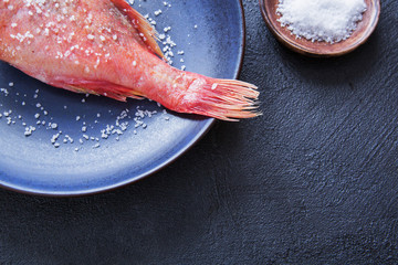 fish salt prepared seafood plate healthy food diet dark stone background