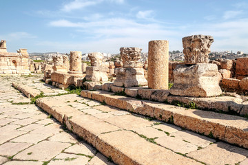 Roman archeological remains in Jerash in Jordan on a sunny day.