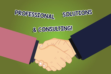 Conceptual hand writing showing Professional Solutions And Consulting. Business photo showcasing Business strategy good services Hu analysis Shaking Hands on Agreement Sign of Respect