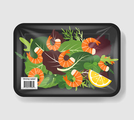 Shrimp salad. Mix of salad leaves with shrimp in plastic tray container with cellophane cover. Mockup template for your design. Plastic food container. Vector illustration.