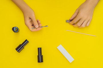 Woman Hands Care. Top View Of Beautiful Smooth Woman's Hands With Professional Nail Care Tools For...