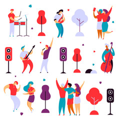 Modern cartoon flat characters set for jazz,rock music fest concept-singer,musicians,guitar,sax,drums,double bass,hand drawn style.Happy people dancing,rejoice,making selfie on musical festival party