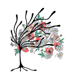 Vector hand drawn graphic illustration of tree with flowers, leaves, branch Sketch drawing, doodle style. Artistic abstract, watercolor silhouette wirh rose, poppy, dandelion, leaf. Sketch drawing