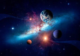 Planets of the solar system against the background of a spiral galaxy in space. Elements of this image furnished by NASA.