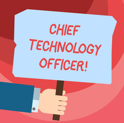 Word writing text Chief Technology Officer. Business concept for focused on scientific and technological issues Hu analysis Hand Holding Blank Colored Placard with Stick photo Text Space