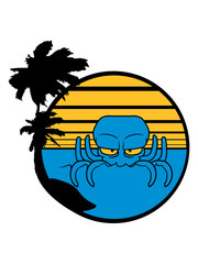 urlaub insel ferien palmen sonne böser oktopus krake kopffüßer kalmar tentakel tintenfisch unterwasser monster comic cartoon clipart lustig design meer wasser tauchen fisch © Style-o-Mat-Design