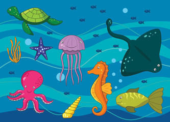 Naklejka na ściany i meble Under the sea colections of animals