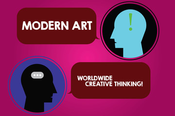 Conceptual hand writing showing Modern Art Worldwide Creative Thinking. Business photo text Creativity artistic expressions Messenger Room with Chat Heads Speech Bubbles Punctuations