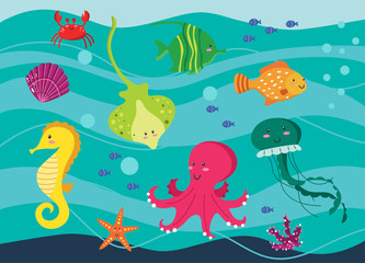Naklejka na ściany i meble Under the sea word, set of animals. Vector isolated illustrations.
