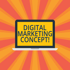 Text sign showing Digital Marketing Concept. Conceptual photo marketing of products using digital technologies Laptop Monitor Personal Computer Device Tablet Blank Screen for Text Space