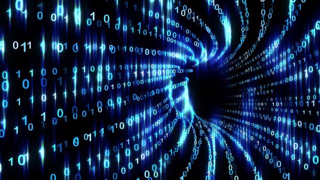 Abstract computer data tunnel journey with blue shiny coloured binary numbers on dark background. 