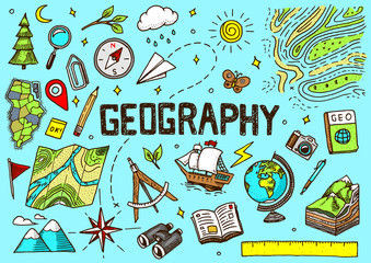 Set of geography symbols. Equipments for web banners. Vintage outline sketch for web banners. Doodle style. Education concept. Back to school background. Hand drawn style.