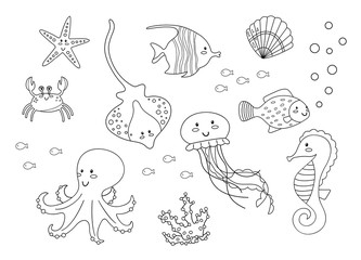 Coloring page for kids. Set of sea animals. Vector illustrations.