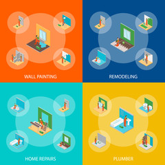 Home Repair Worker People 3d Banner Set Isometric View. Vector