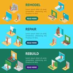 Home Repair Worker People 3d Banner Horizontal Set Isometric View. Vector