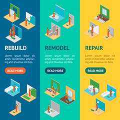 Home Repair Worker People 3d Banner Vecrtical Set Isometric View. Vector