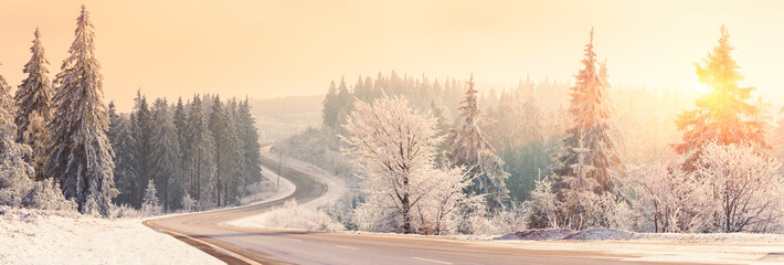 Winter landscape, Winter Forest,  Winter road and trees covered with snow, Germany