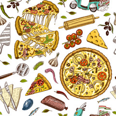 Seamless pattern pizza with cheese. Texture for background. Yummy italian vegetarian food with tomatoes, Seafood and olives. Hand drawn Sketch Vintage style.