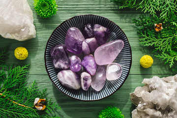 Polished Amethyst Stones with Smoky Quartz and Greenery