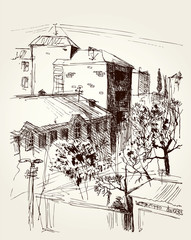 Vector cityscape. Park near the high-rise buildings