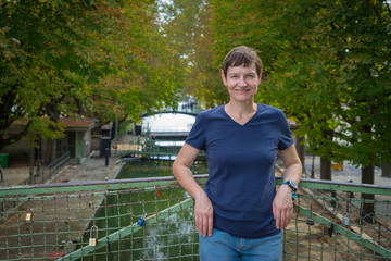 Paris, France - 10 14 2018: My girlfriend on bridge of Canal Saint-Martin