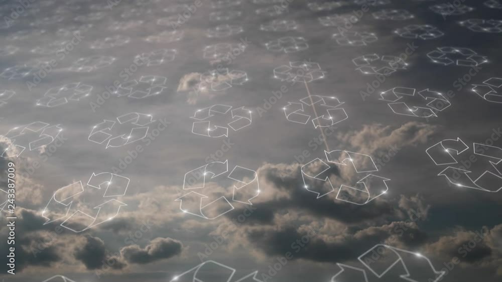 Aufkleber white recycle symbols pattern motion on sky with clouds time lapse background. selective focus used.