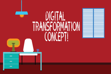 Text sign showing Digital Transformation Concept. Conceptual photo Going paperless Use of digital technology Work Space Minimalist Interior Computer and Study Area Inside a Room photo