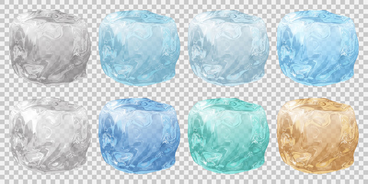 Set of realistic translucent ice cubes in various colors on transparent background