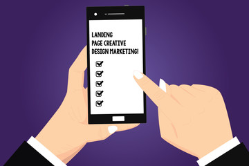 Conceptual hand writing showing Landing Page Creative Design Marketing. Business photo text Homepage advertising social media Hu analysis Hands Holding Pointing Smartphone Blank Color Screen